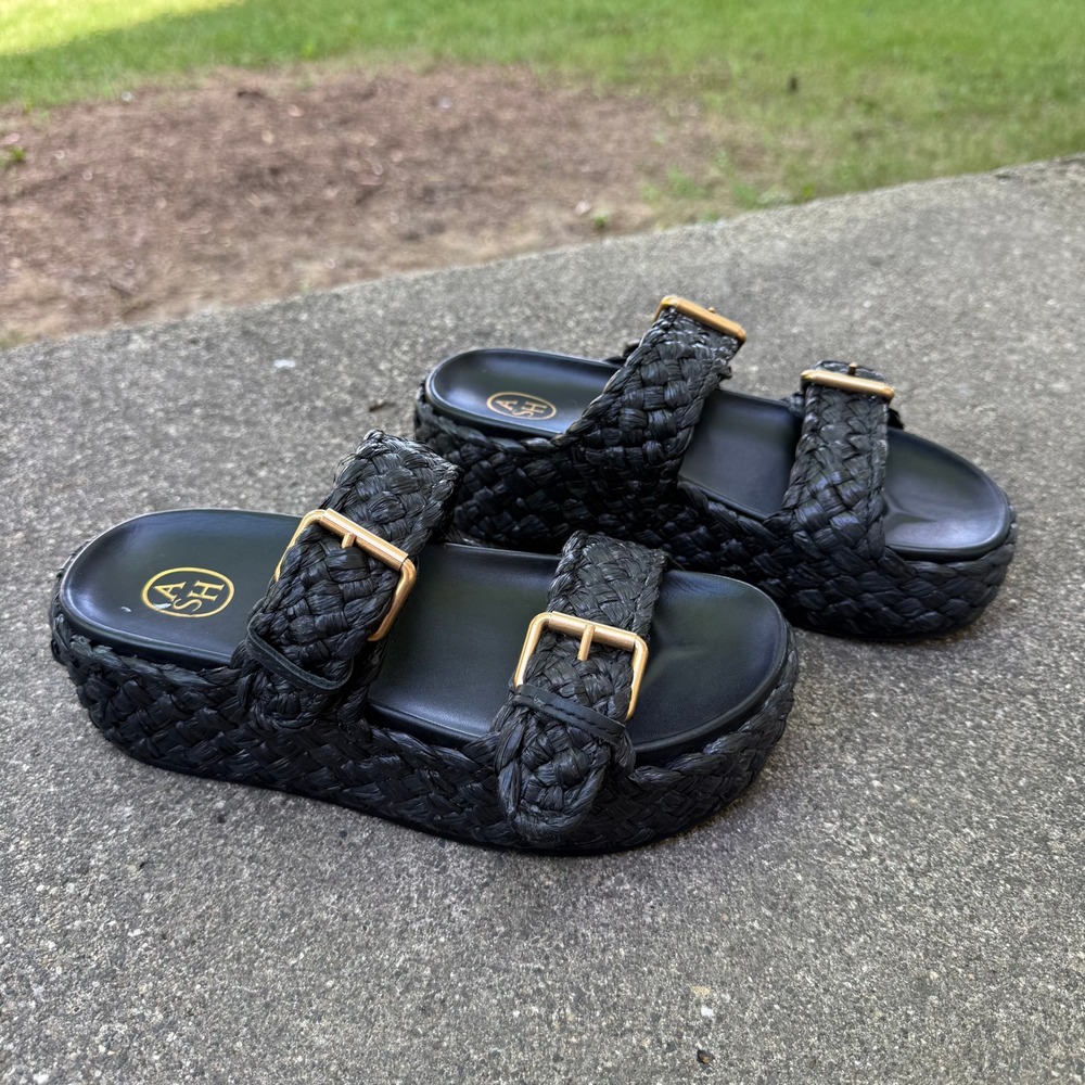 Ash Black Woven Ziggy Raffia Platform Sandals Double Buckle Slide 38 Women's